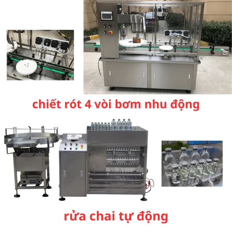 Máy Rửa và Chiết Rót Chai Tự Động 4 Vòi Bơm Nhu Động